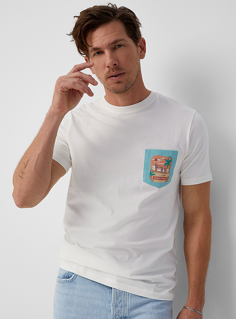 Le 31 Cream Beige Accent-pocket T-shirt for men