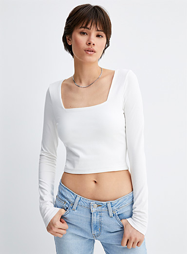 Twik Ivory White Long-sleeve square-neck cropped T-shirt for women