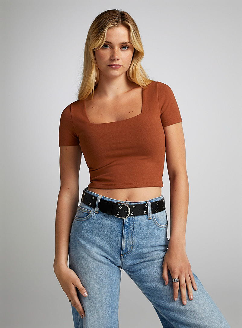 Twik Brown  Short-sleeve square-neck cropped tee for women