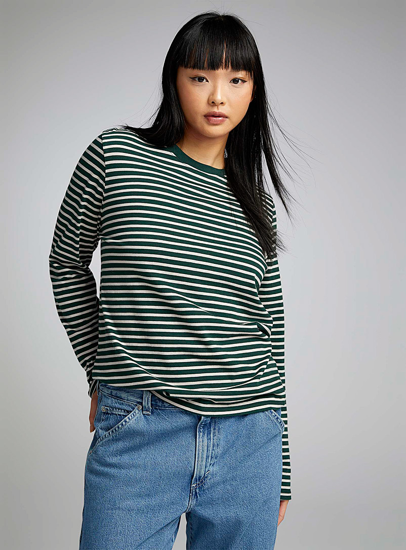 Twik Patterned Green Striped straight-fit T-shirt for women