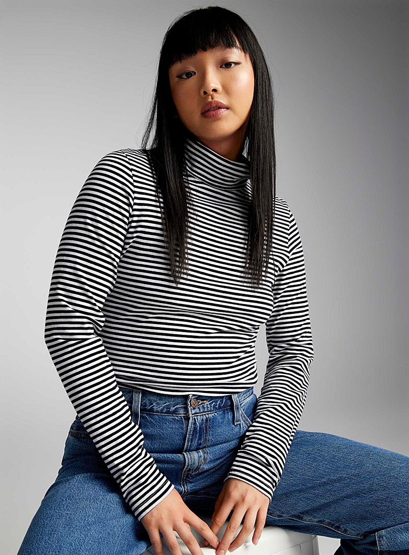 Twik Black and White Striped turtleneck T-shirt for women