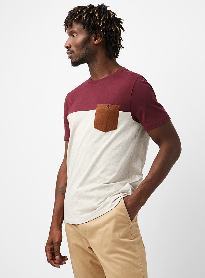 Le 31 Cream Beige Velvet pocket colour-block T-shirt for men