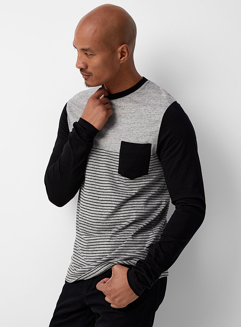 Le 31 Patterned black Contrast-sleeve striped T-shirt for men