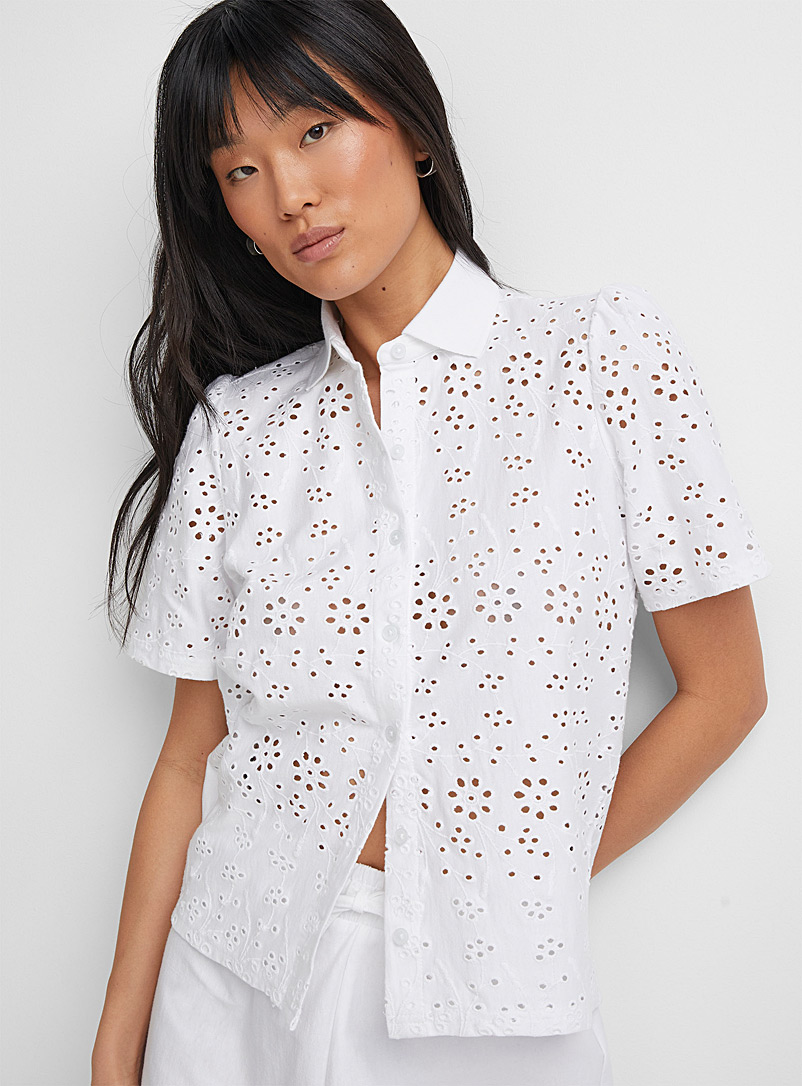 Icône White Broderie anglaise polo-collar shirt for women