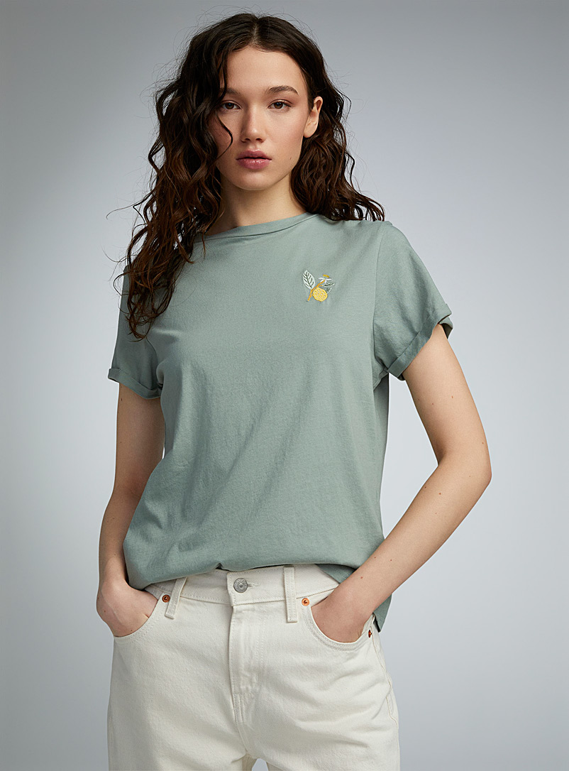 Twik Green Embroidery thin jersey crew-neck tee <b>Relaxed fit</b> for women