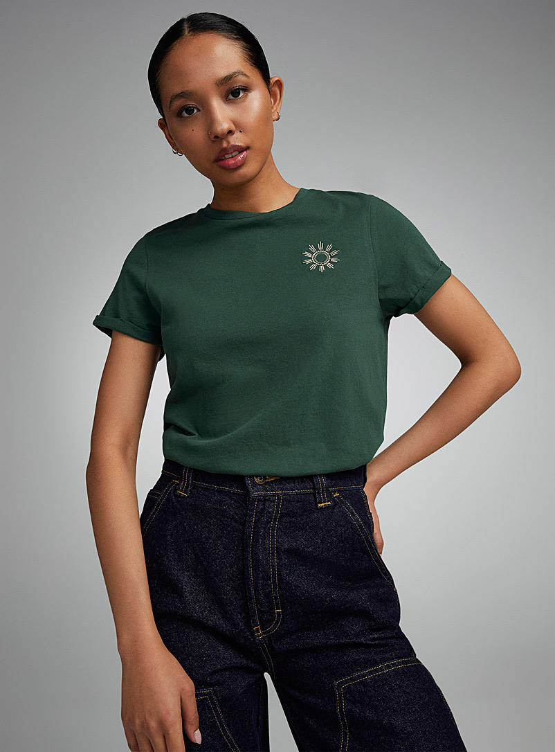 Twik Mossy Green Embroidery thin jersey crew-neck tee <b>Relaxed fit</b> for women