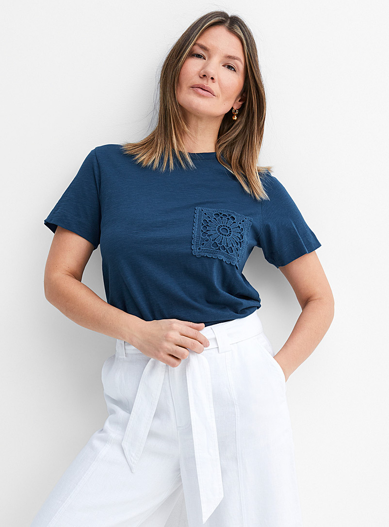 Contemporaine Dark Blue Crocheted pocket T-shirt for women
