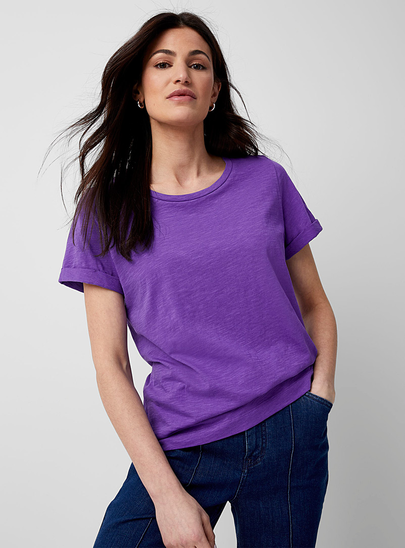 Contemporaine Purple Cuffed sleeves slub T-shirt for women