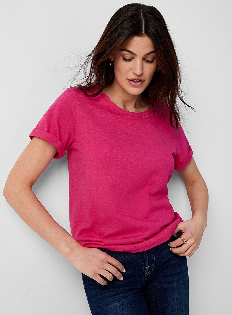 Contemporaine Pink Cuffed sleeves slub T-shirt for women