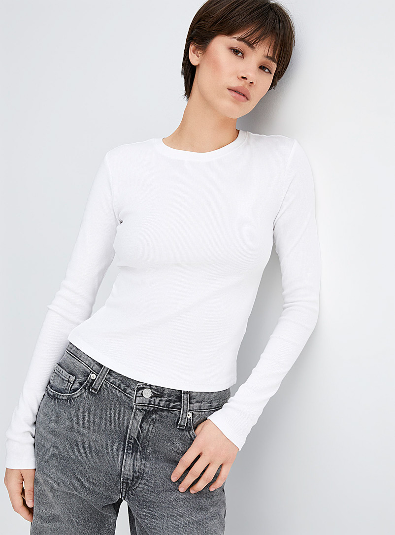 Twik White Long-sleeve mini-ribbing fitted tee <b>Super slim fit</b> for women