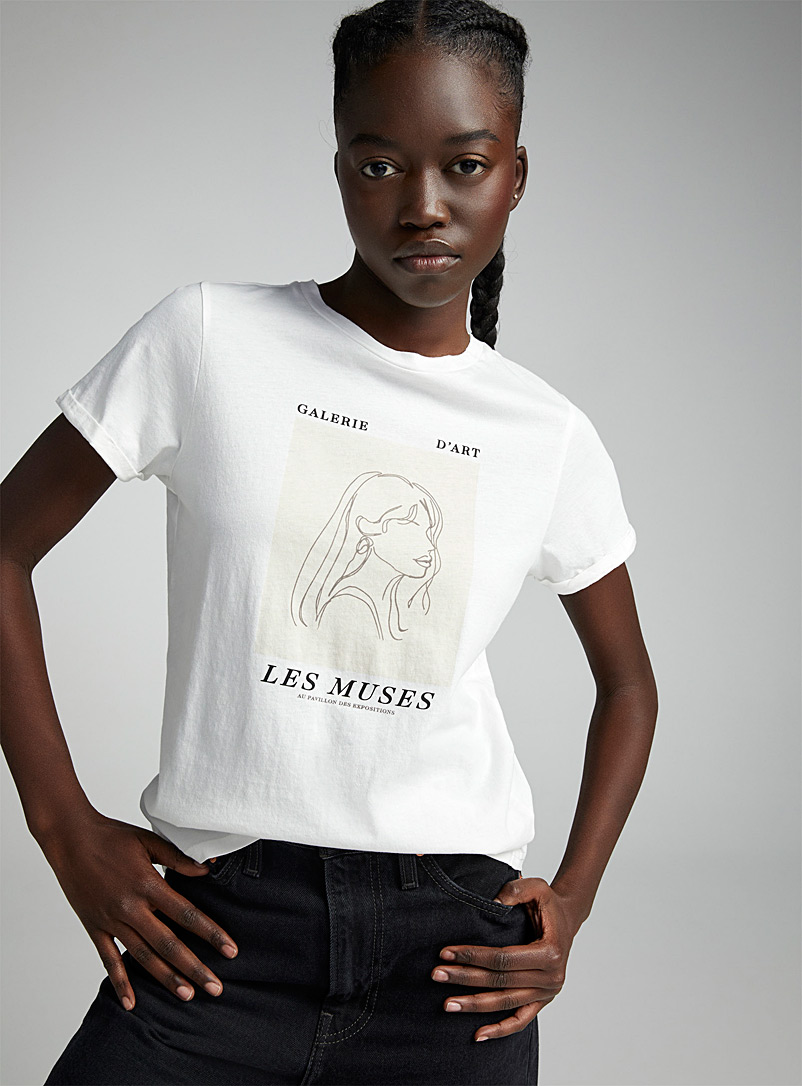 Twik: Le t-shirt jersey mince manches roulottés imprimé <b>Coupe décontractée</b> Blanc à motifs pour femme