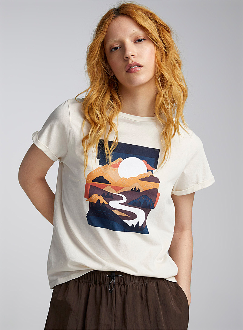 Twik Honey/Camel Printed thin jersey rolled sleeves tee <b>Relaxed fit</b> for women