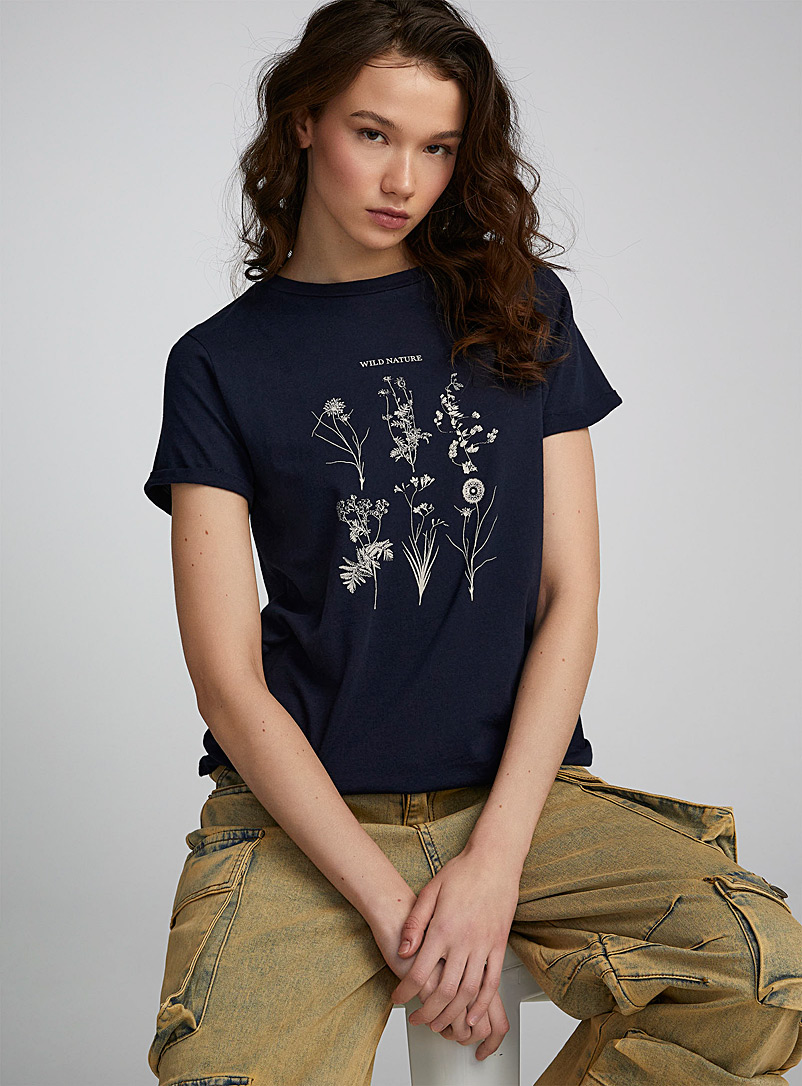 Twik Navy/Midnight Blue Printed thin jersey rolled sleeves tee <b>Relaxed fit</b> for women