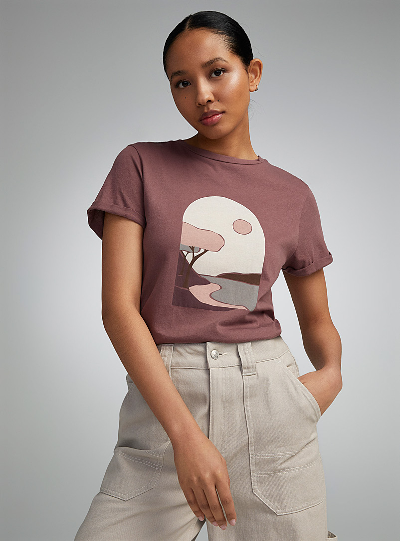 Twik Dusky Pink Printed thin jersey rolled sleeves tee <b>Relaxed fit</b> for women