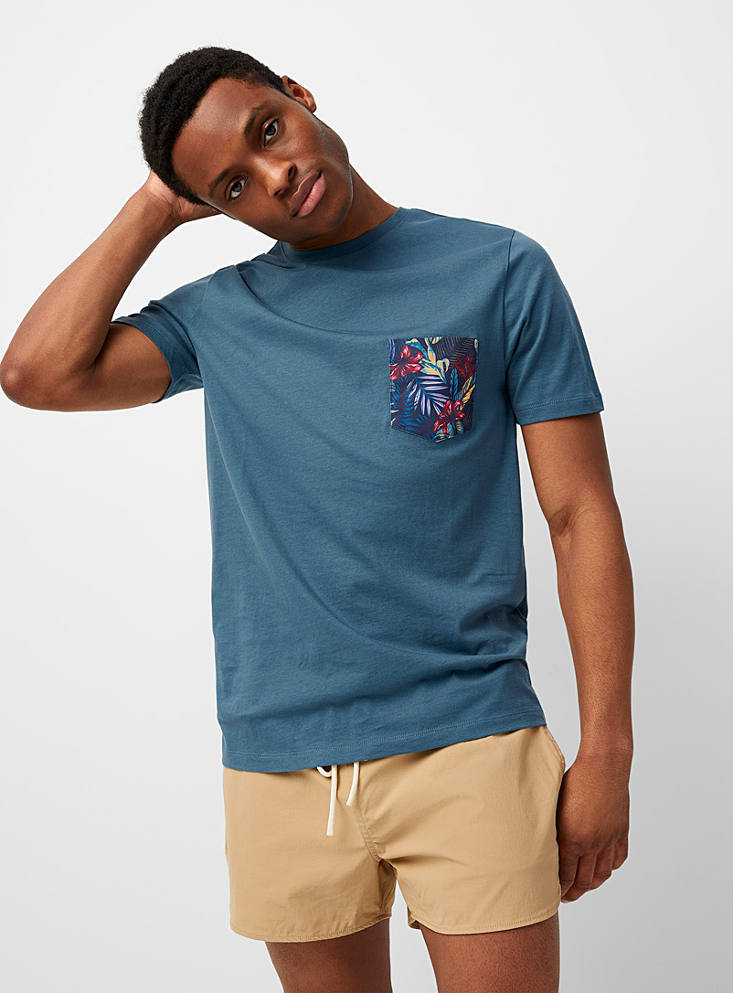 Le 31 Slate Blue Printed pocket T-shirt Standard fit for men