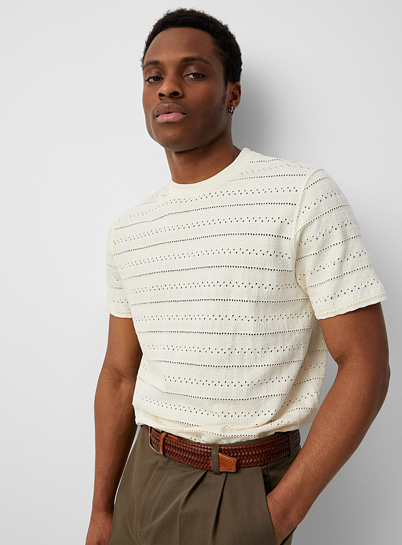 Le 31 Ivory/Cream Beige Pointelle pattern T-shirt for men