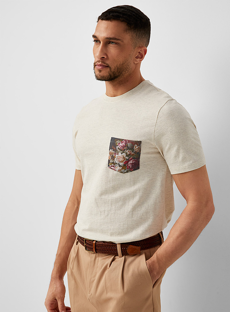 Le 31 Ivory/Cream Beige Botanical pocket T-shirt Standard fit for men