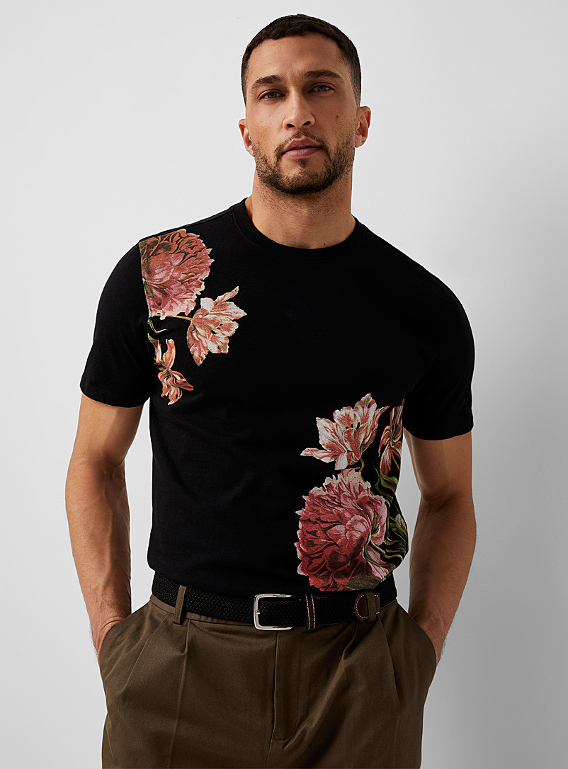 Le 31 Black Botanical print T-shirt Standard fit <b>Circular manufacturing</b> for men