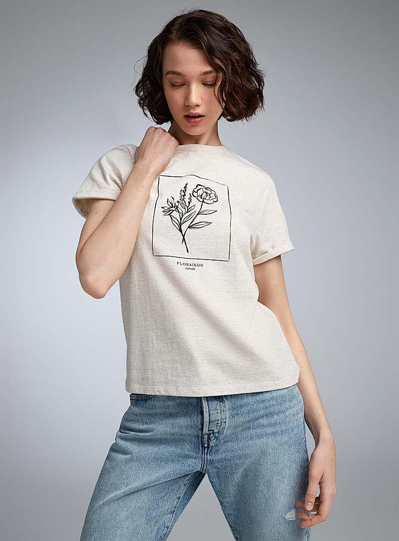 Twik Ivory/Cream Beige Heathered print T-shirt for women