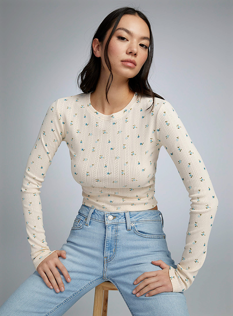 Twik Ivory/Cream Beige Pointelle knit cropped T-shirt for women