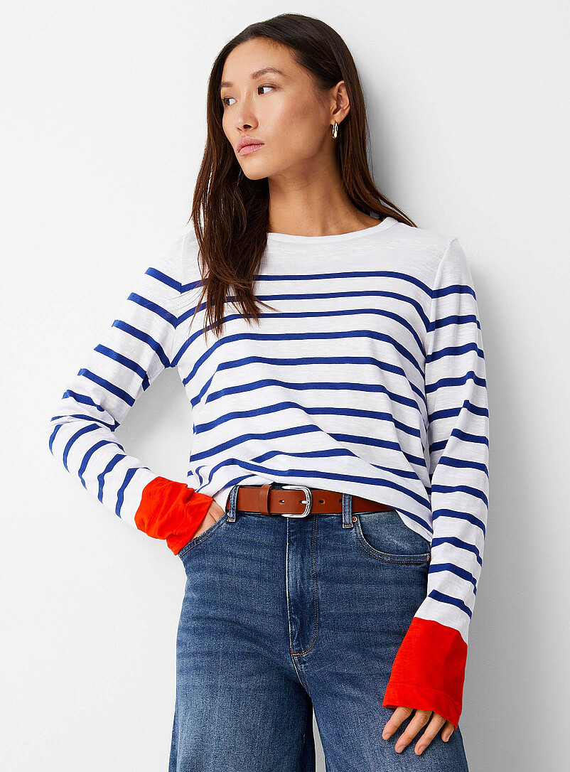 Contemporaine Patterned Ecru Striped slub organic cotton T-shirt for women