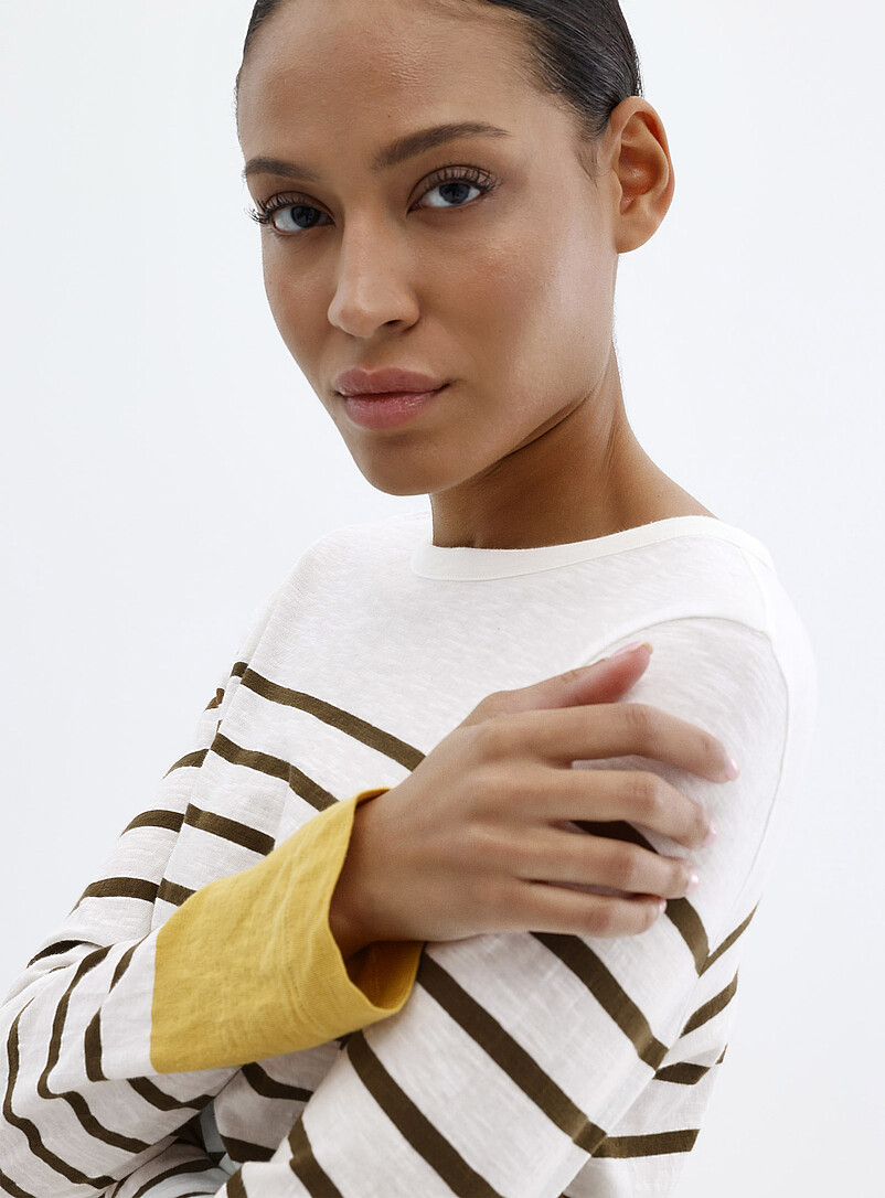 Contemporaine Patterned Ecru Striped slub organic cotton T-shirt for women