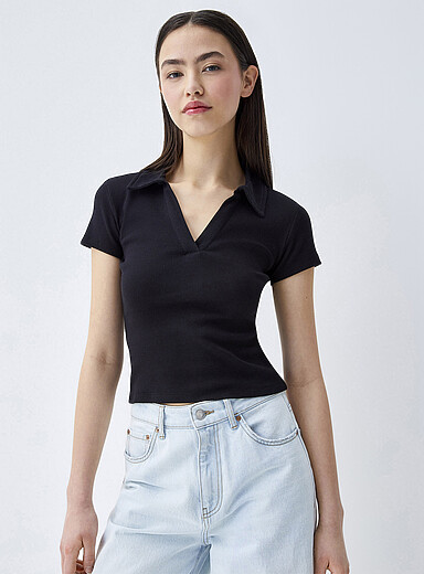 Fine ribbing Johnny collar T-shirt