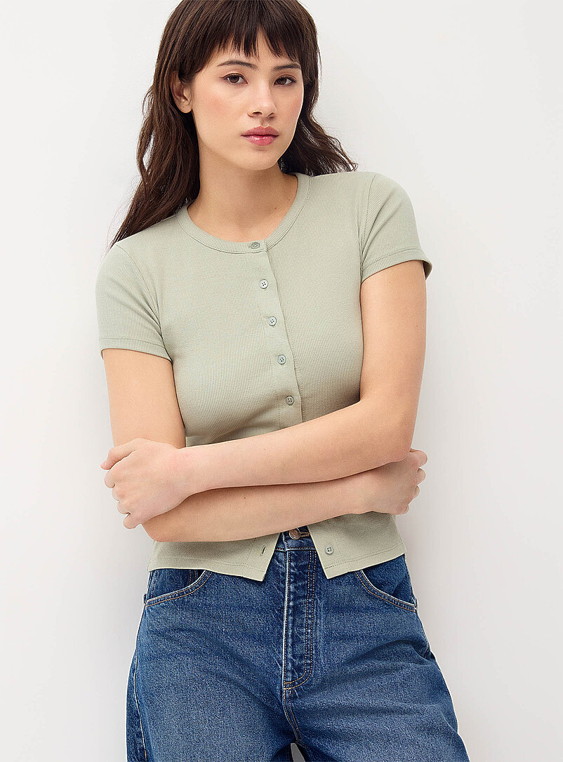 Twik White Finely ribbed button-up T-shirt for women