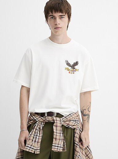 Djab: Le t-shirt graphique marginal <b>Coupe ample</b> Blanc cass&eacute; pour homme