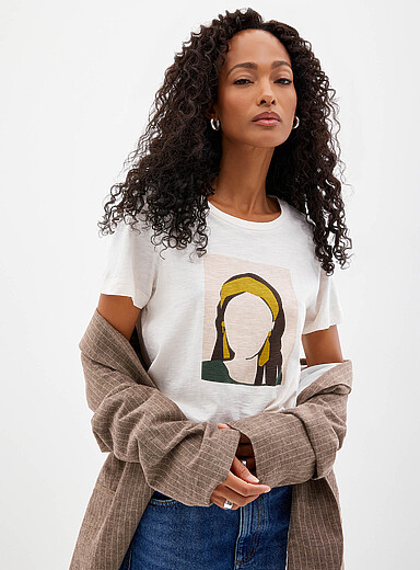 Contemporaine: Le t-shirt flamm&eacute; imprim&eacute; pur coton Beige - Gr&egrave;ge pour femme