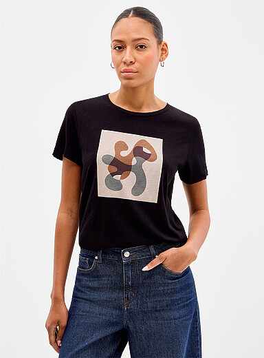 Contemporaine: Le t-shirt flamm&eacute; imprim&eacute; pur coton Noir &agrave; motifs pour femme