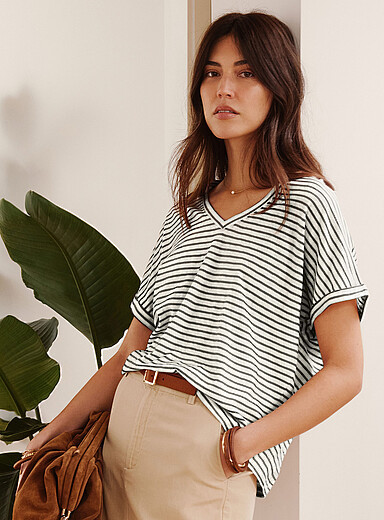Contemporaine: Le t-shirt ray&eacute; mancherons coton bio Blanc &agrave; motifs pour femme