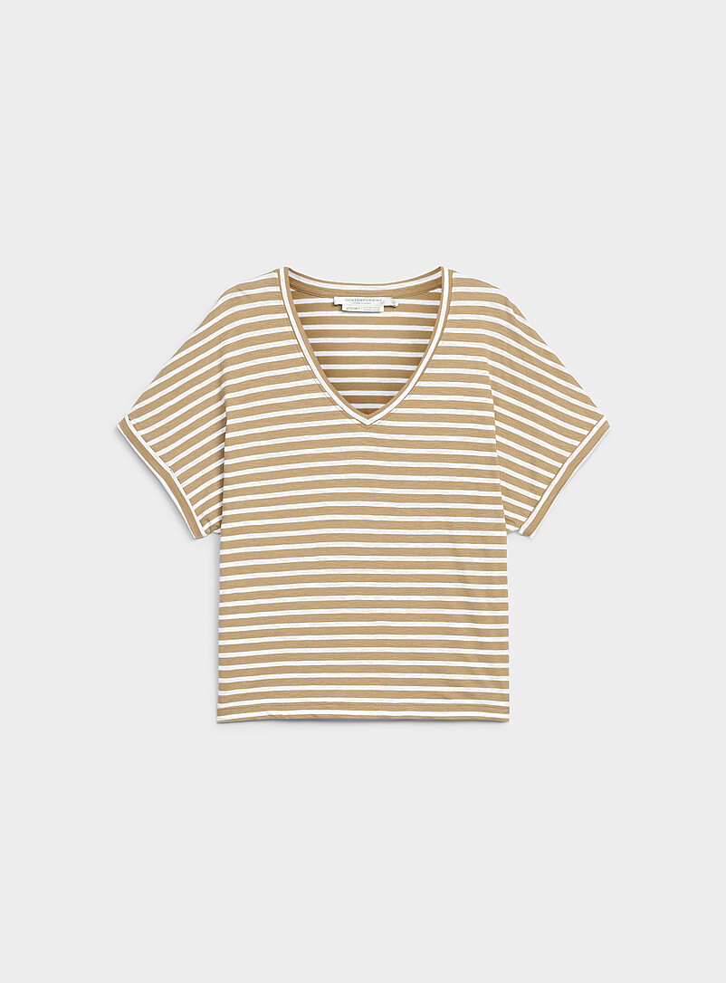Contemporaine Sunflower Yellow Striped cap-sleeve organic cotton T-shirt for women