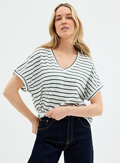 Contemporaine Sunflower Yellow Striped cap-sleeve organic cotton T-shirt for women