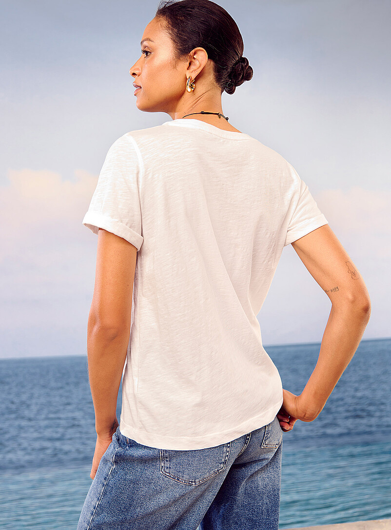 Contemporaine: Le t-shirt coton bio manches revers Blanc pour femme