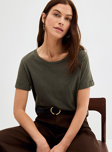 Contemporaine Khaki/Sage/Olive Cuffed-sleeve organic cotton T-shirt for women