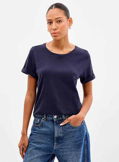 Contemporaine: Le t-shirt coton bio manches revers Bleu marine - Bleu nuit pour femme