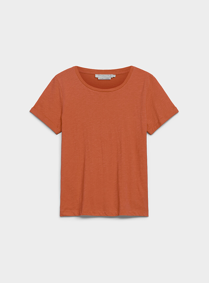 Contemporaine: Le t-shirt coton bio manches revers Blanc pour femme