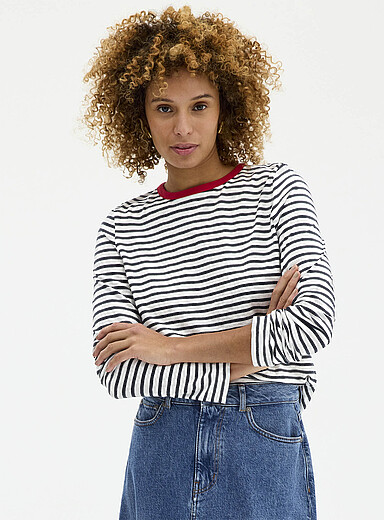 Contemporaine Patterned Black Contrasting collar striped slub T-shirt for women
