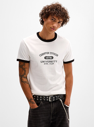 Djab: Le t-shirt lis&eacute;r&eacute; graphique <b>Coupe r&eacute;tro</b> Blanc cass&eacute; pour homme