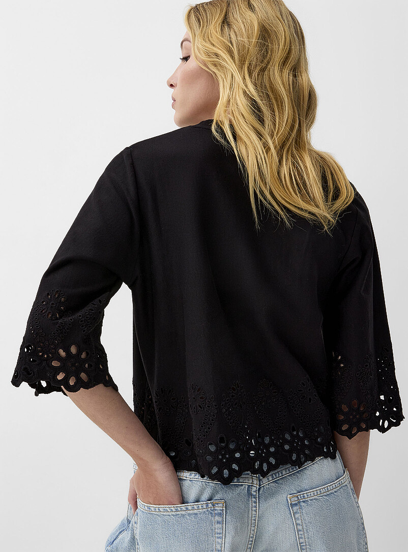 Ic&ocirc;ne Black 3/4-sleeve broderie anglaise T-shirt for women