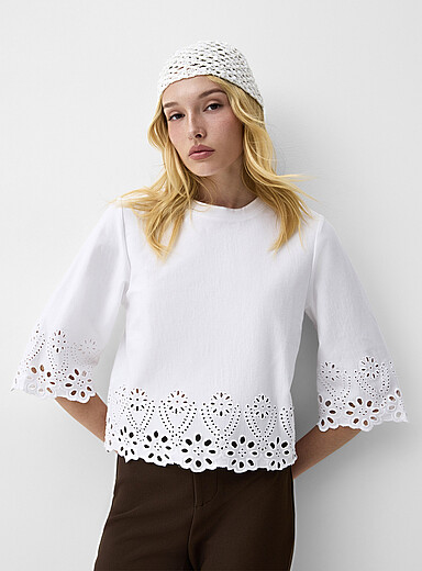 Ic&ocirc;ne: Le t-shirt broderie anglaise manches 3/4 Blanc pour femme