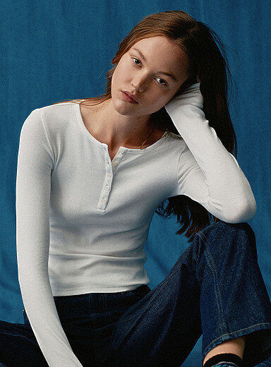 Twik White Fitted ribbed Henley T-shirt for women