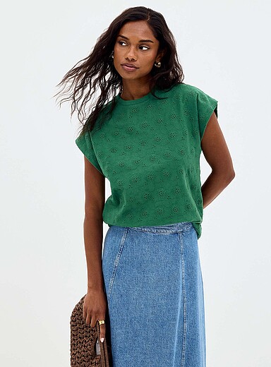 Contemporaine Green Cap-sleeve broderie anglaise organic cotton T-shirt for women