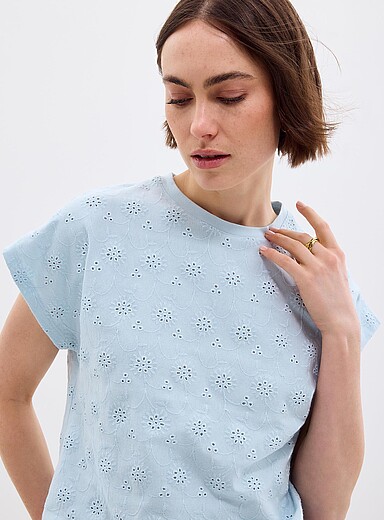 Contemporaine Baby Blue Cap-sleeve broderie anglaise organic cotton T-shirt for women