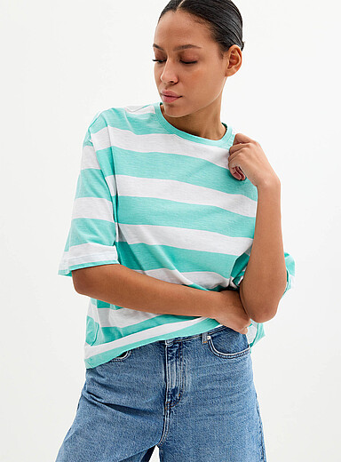 Contemporaine Baby Blue Boxy striped organic cotton slub T-shirt for women