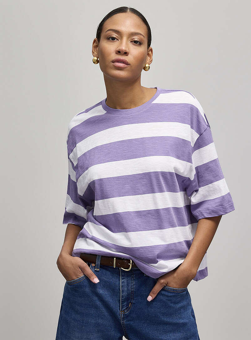 Contemporaine: Le t-shirt carr&eacute; flamm&eacute; &agrave; rayures coton bio Bleu marine - Bleu nuit pour femme