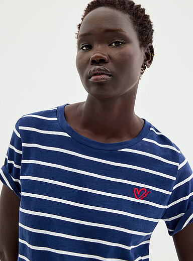 Embroidered heart striped slub T-shirt