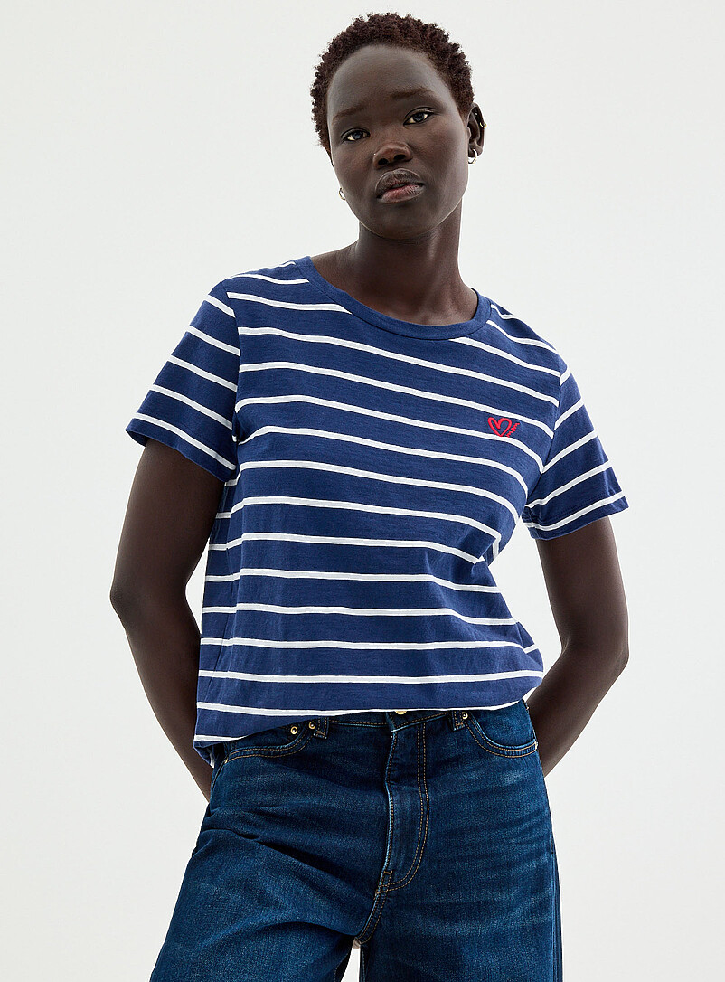Contemporaine Navy/Midnight Blue Embroidered heart striped slub T-shirt for women