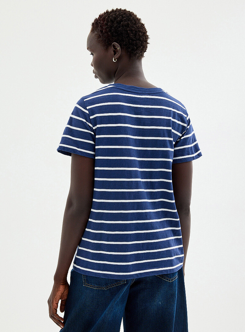 Contemporaine Navy/Midnight Blue Embroidered heart striped slub T-shirt for women